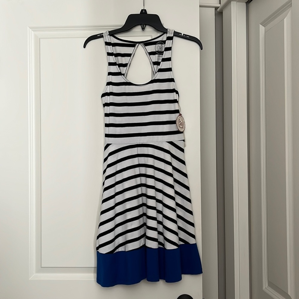 NWT-SO (Kohl’s) Small Striped dress with royal blue hem (minor stain on back)